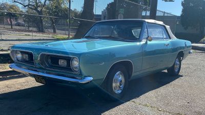 ’67 Cuda blue three quarters front left